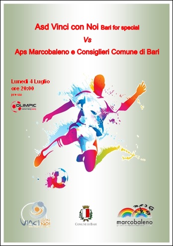 IL COMUNE COMUNICA – lunedì all’Olimpic center la partita di calcio all’insegna di sport e inclusione tra una rappresentativa di consiglieri comunali – aps Marcobaleno e l’asd Vinci con noi – Bari For Special