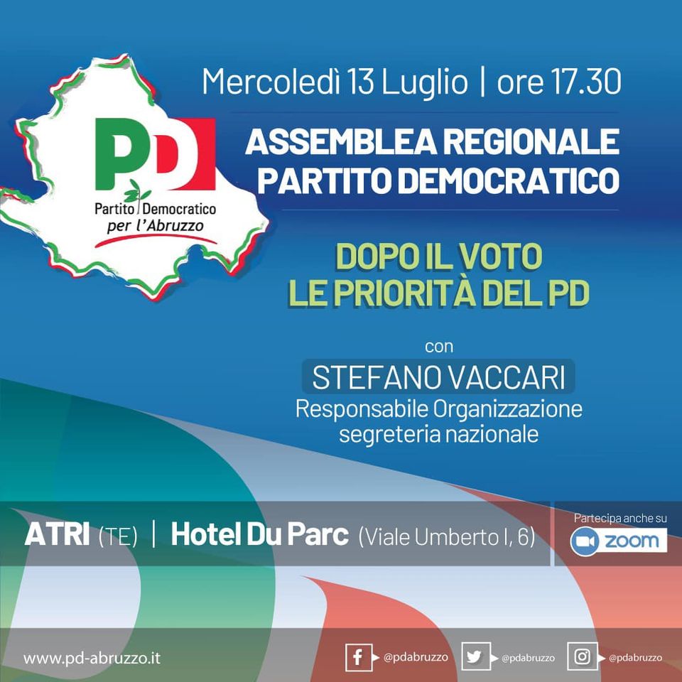 Il 13 luglio Assemblea del PD Abruzzo, nel vivo il cantiere per l’alternativa