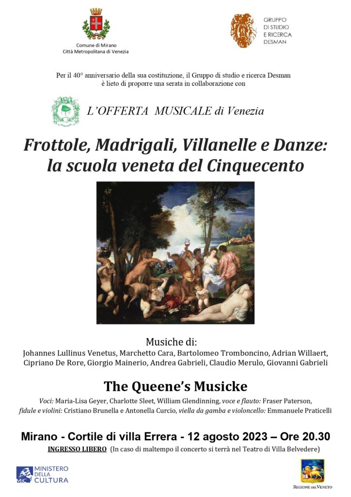 Concerto “Frottole, Madrigali, Villanelle e Danze: la scuola veneta del Cinquecento” sabato 12 agosto