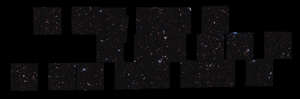Circa 100.000 galassie appaiono in questa sottile vista orizzontale cucita insieme. La copertura non è continua, quindi le aree tra le immagini di Webb sono nere. Sono state prese circa 20 immagini quadrate per formare questo mosaico.