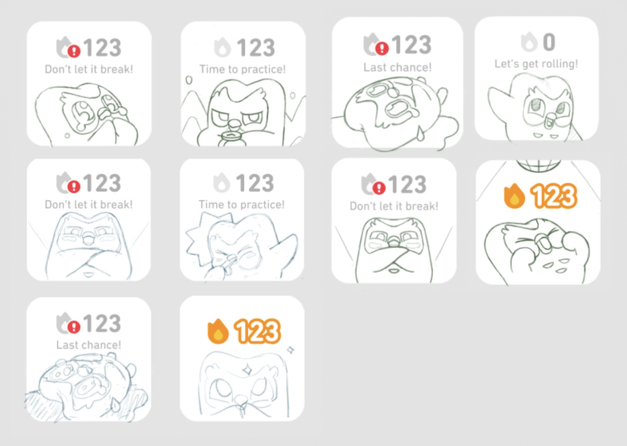 Even in early sketches of *Duolingo’s* widgets, Duo’s personality shines through. 