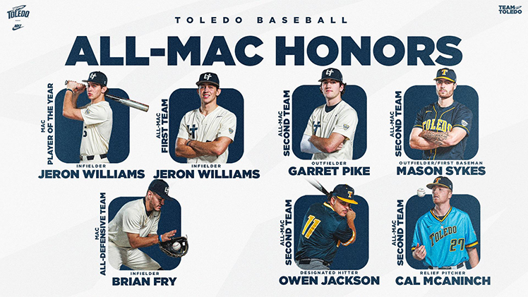 A promotional graphics for Toledo Baseball with the six players who received All-Mac Honors.