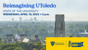 Graphic features words and numbers giving date, time and location of the event. In the background is a beauty shot looking over campus.