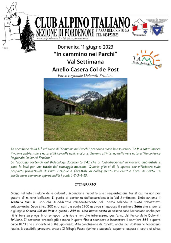 Dom 11 Giu – PR Dolomiti Friulane – Val Settimana Anello Casera Col de Post