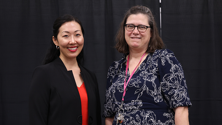 Recipients of the Edith Rathbun Award for Outreach and Engagement are, from left, Dr. Joey Kim, an assistant professor in the Department of English Language and Literature in the College of Arts and Letters, and Dr. Heather Sloane Cleary, a professor in the Department Human Services in the College of Health and Human Services.