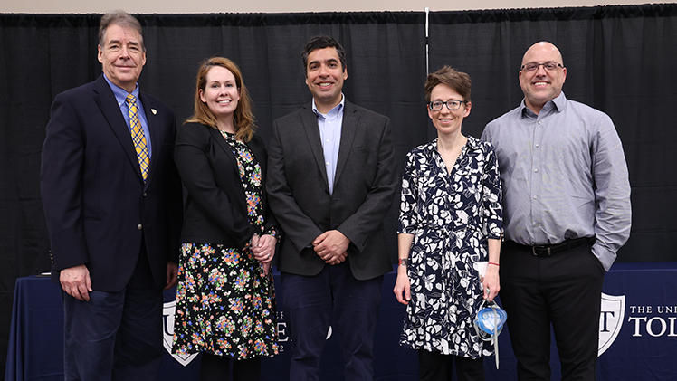 Recipients of the Outstanding Teacher Award are, from left, Dr. Gary Insch, a professor in the Department of Management in the John B. and Lillian E. Neff College of Business and Innovation; Sara Yaklin, a senior lecturer in the Department of English Language and Literature in the College of Arts and Letters; Dr. Raghav Khanna, the Leidich Family Endowed Professor of Power Systems from the Department of Electrical Engineering and Computer Science in the College of Engineering; Jessica Knouse, a professor of law in the College of Law; and James Oberlander, an instructor in the College of Nursing. Not pictured: Dr. Hossein Sojoudi, an associate professor in the Department of Mechanical, Industrial and Manufacturing Engineering in the College of Engineering.