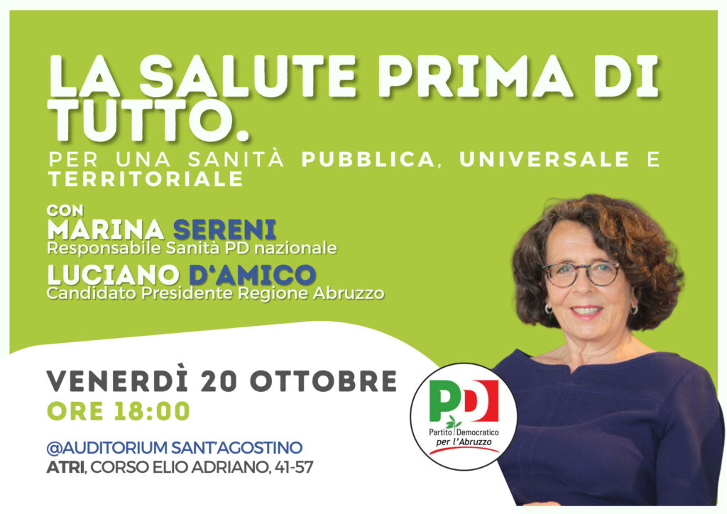 Venerdì 20 ottobre ad Atri evento del PD Abruzzo sulla sanità pubblica con Sereni e D’Amico