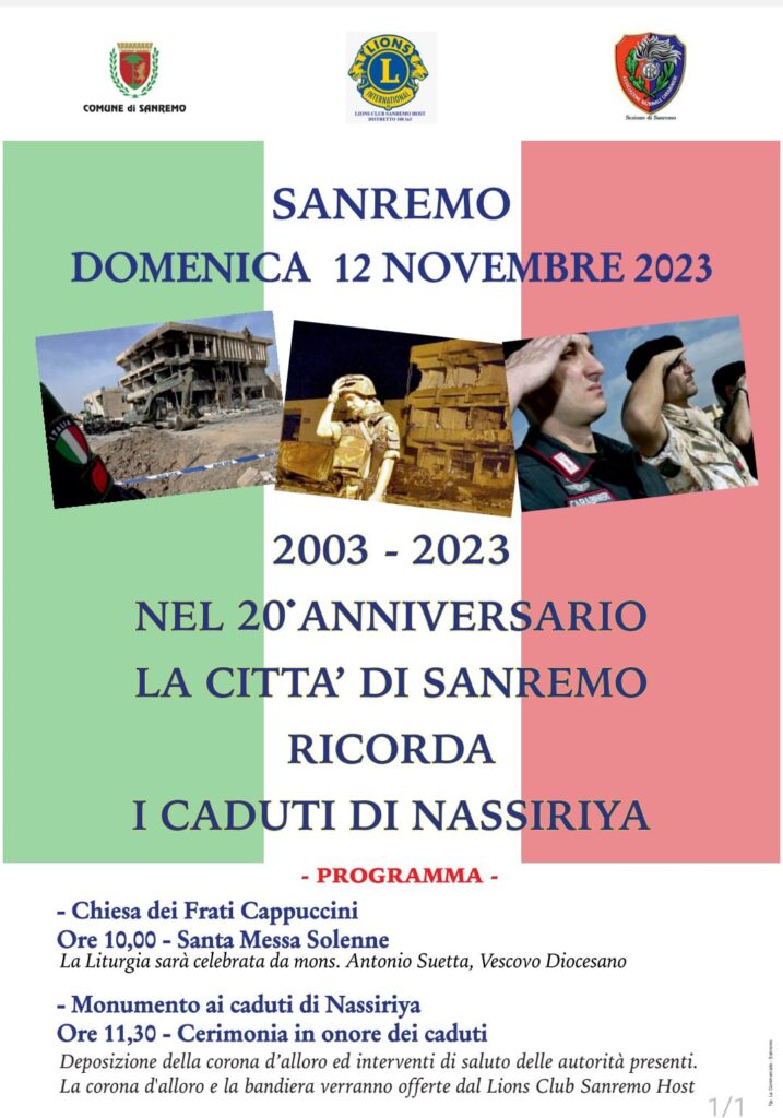 Domenica 12 novembre 2023 la città di Sanremo ricorda i Caduti di Nassiriya nel 20esimo anniversario.