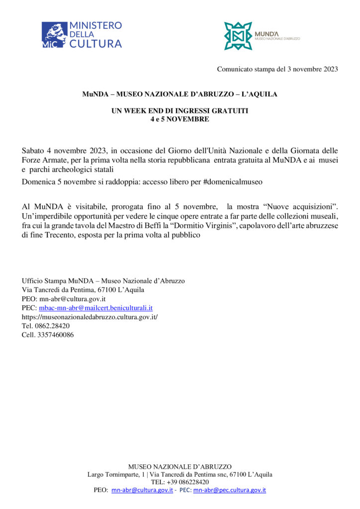 MuNDA – MUSEO NAZIONALE D’ABRUZZO – L’AQUILA – UN WEEK END DI INGRESSI GRATUITI 4 e 5 NOVEMBRE