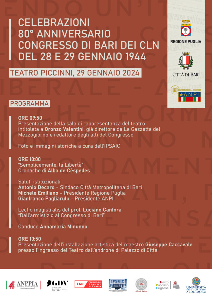 IL COMUNE COMUNICA – 80° anniversario del Congresso dei CLN a Bari alla presenza del Presidente della Repubblica Sergio Mattarella: il programma della cerimonia
