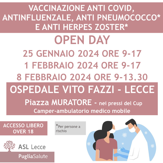 FASL Lecce: Open Day Vaccino antiCovid, antinfluenzale, anti pneumococco e anti Herpes Zoster nel camper presso PO Fazzi Lecce