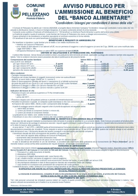 PELLEZZANO ADERISCE AL PROGETTO DEL BANCO ALIMENTARE CAMPANIA: PRESENTAZIONE DELLE DOMANDE ENTRO IL 19 FEBBRAIO 2024