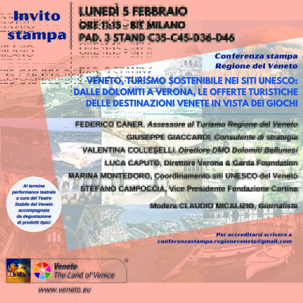 Comunicato Stampa 169/2024 BIT MILANO. LA REGIONE VENETO PRESENTE AL PRIMO MARKETPLACE DEL PRODOTTO ITALIA NEL MONDO. ASSESSORE CANER, “3 GIORNI PER RACCONTARE LE ECCELLENZE REGIONALI A OPERATORI E VIAGGIATORI”