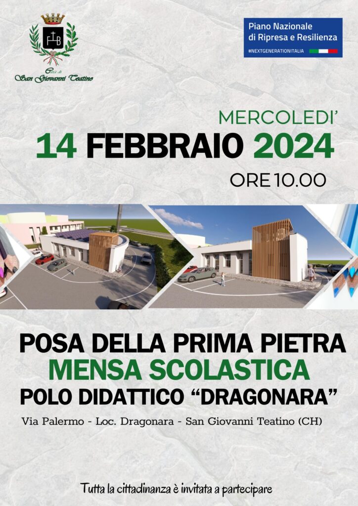 Invito – CERIMONIA POSA DELLA PRIMA PIETRA MENSA SCOLASTICA POLO DIDATTICO DRAGONARA – Mercoledì 14 febbraio 2024 ore 10.00