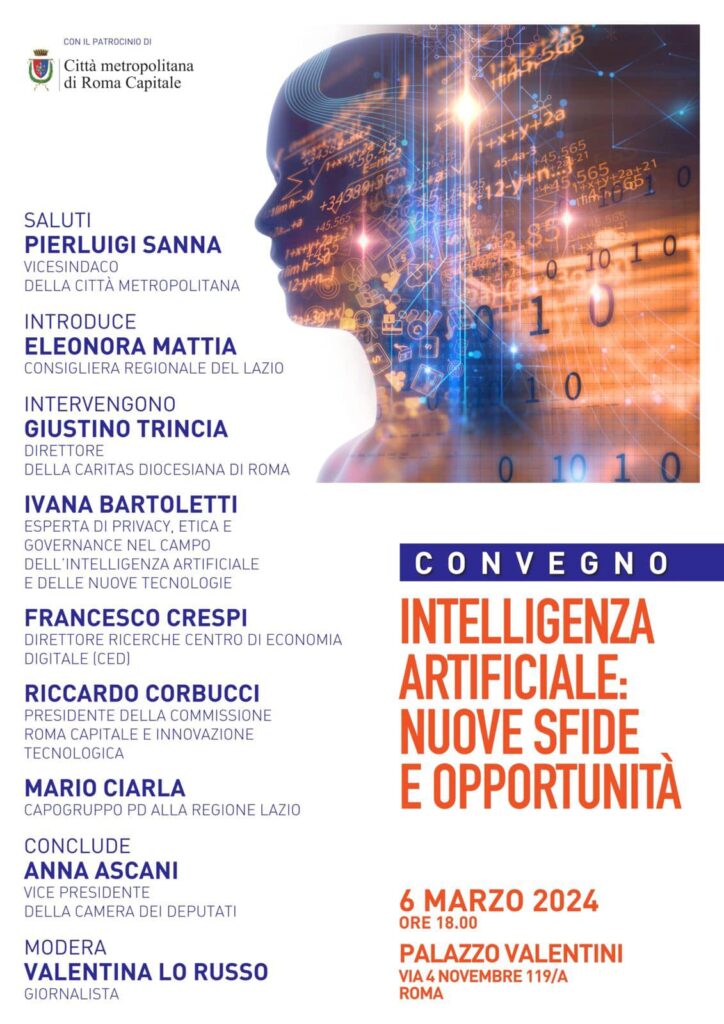 Invito stampa – Convegno 6/03, Ore 18 “Intelligenza Artificiale: nuove sfide e opportunità” c/o Palazzo Valentini (Roma)