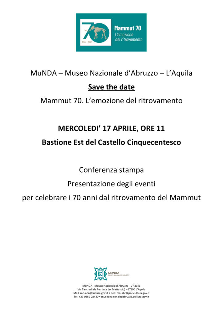 MuNDA – Mammut 70. L’emozione del ritrovamento. Conferenza stampa mercoledì 17 aprile, ore 11.00 Castello Cinquecentesco