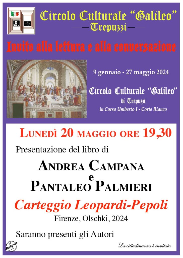 Invito – presentazione libraria – Trepuzzi (LE), Lunedì 20 maggio 2024, ore 19.30 – Carteggio Giacomo Leopardi – Carlo Pepoli