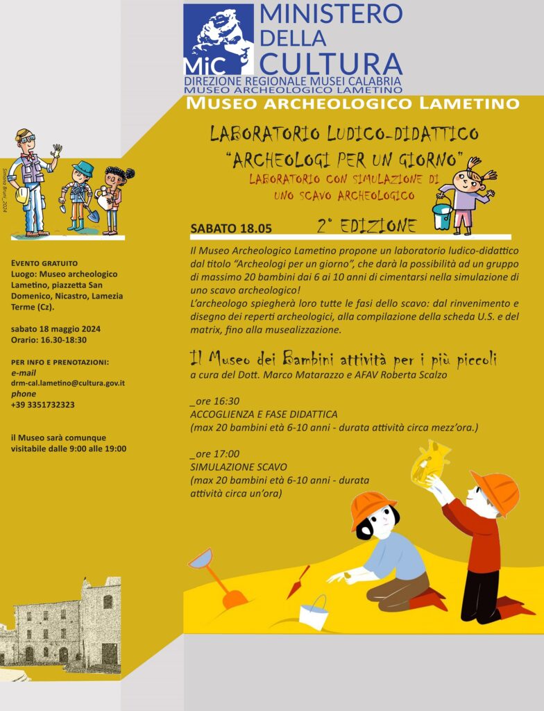 C.S. “Archeologi per un giorno”, sabato 18 maggio al Museo Archeologico Lametino un laboratorio dedicato ai più piccoli