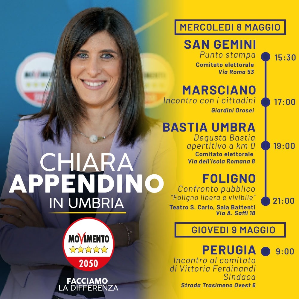 Chiara Appendino in Umbria: mercoledì 8 maggio a San Gemini (punto stampa), Marsciano, Bastia Umbra e Foligno. Giovedì 9 maggio a Perugia