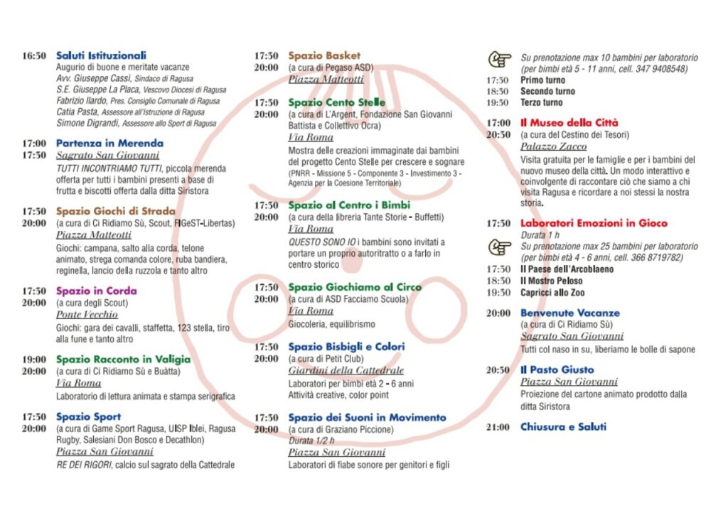 Cs. n.304 Dalle 16.30 alle 21.00 di martedì 11 giugno, la prima edizione di “Scuole in festa, al Centro i bimbi”  + grafiche