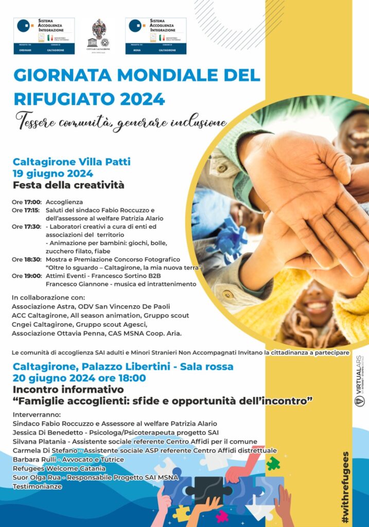 Com. Oggi 19 (Festa della creatività) e giovedì 20 giugno (incontro sull’affido di minori stranieri) la Giornata mondiale del rifugiato