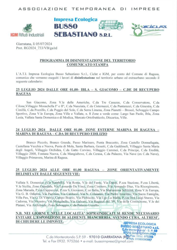 Cs. n.352 Disinfestazione del territorio ibleo nei giorni 23, 24 e 25 luglio 2024 + locandina