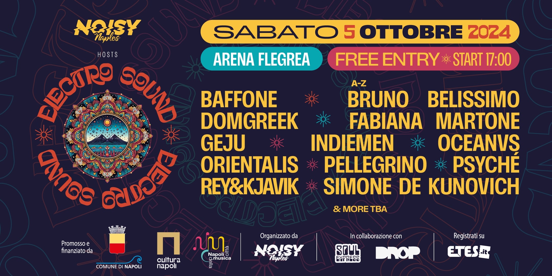 All'Arena Flegrea arriva il 5 ottobre "Electro Sound", una lunga maratona di  sonorità elettroniche, live e dj set. Tra gli artisti: Simone De Kunovich,  Pellegrino, Fabiana Martone, Geju, Rey&Kjavic, Oceanvs Orientalis, Baffone,