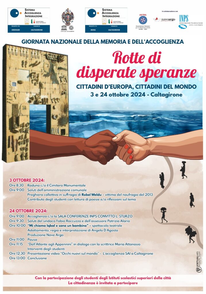 Com. Giornata della memoria e dell’accoglienza per ricordare le vittime dell’immigrazione: giovedì 24 ottobre il secondo appuntamento con uno spettacolo teatrale, il dialogo con la scrittrice Maria Attanasio e la presentazione di un video