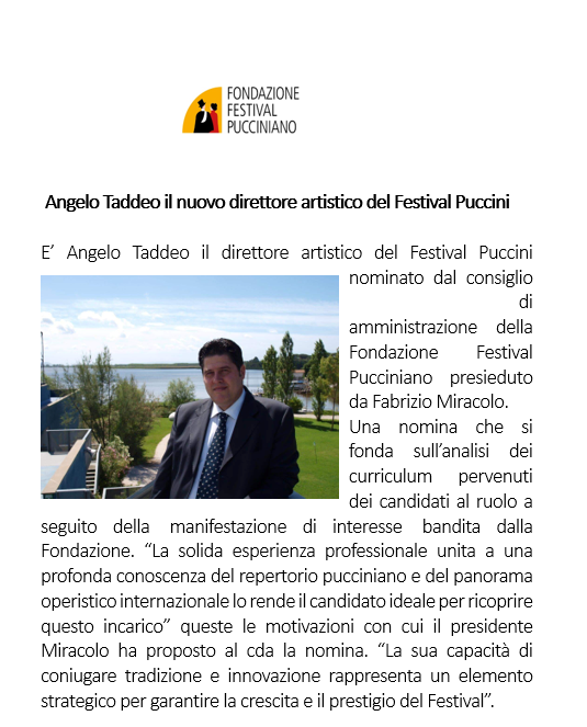 Angelo Taddeo il nuovo direttore artistico del Festival Puccini