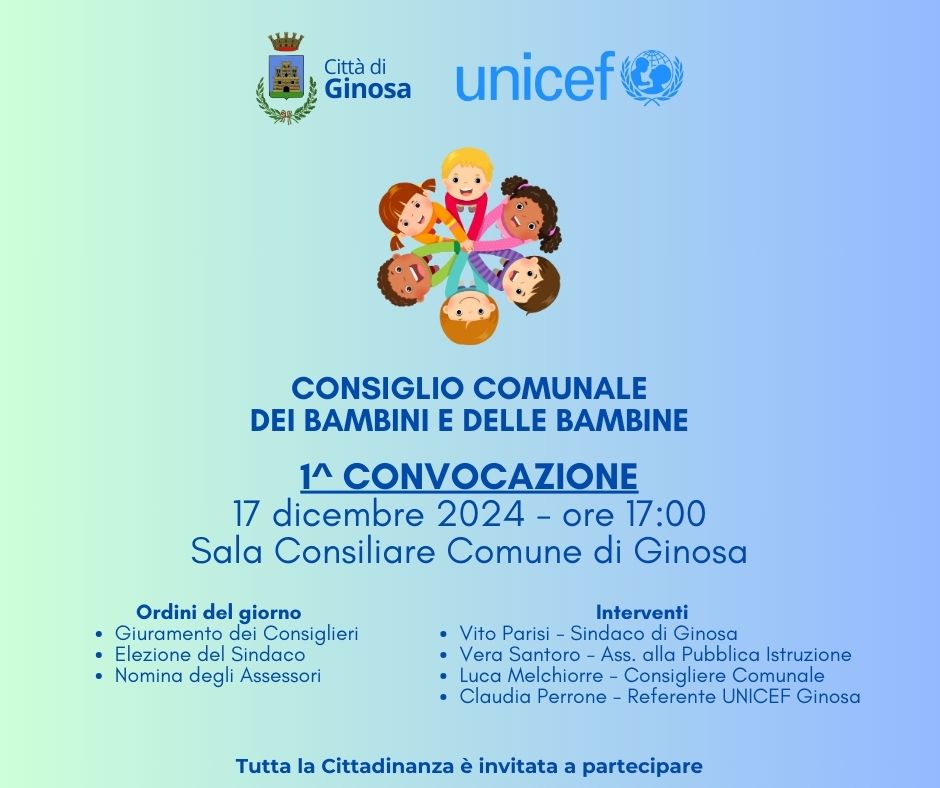 CS – GINOSA (TA) CONSIGLIO COMUNALE DEI BAMBINI: PRIMA SEDUTA 17 DICEMBRE