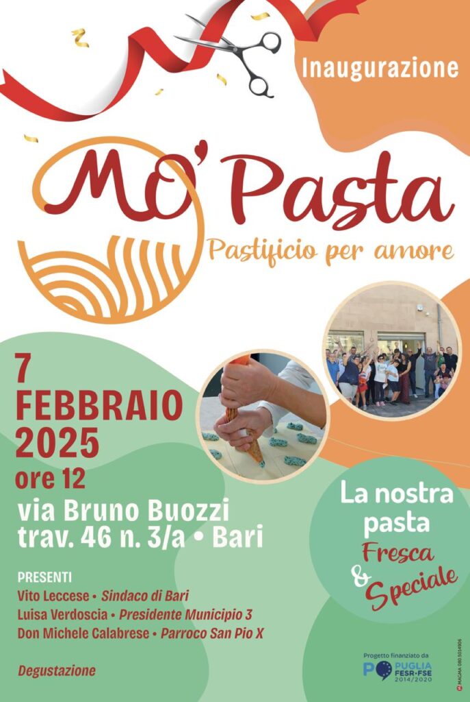 IL COMUNE COMUNICA – domani il sindaco e la presidente Verdoscia all’inaugurazione di “MO’ Pasta – Pastificio per amore”
