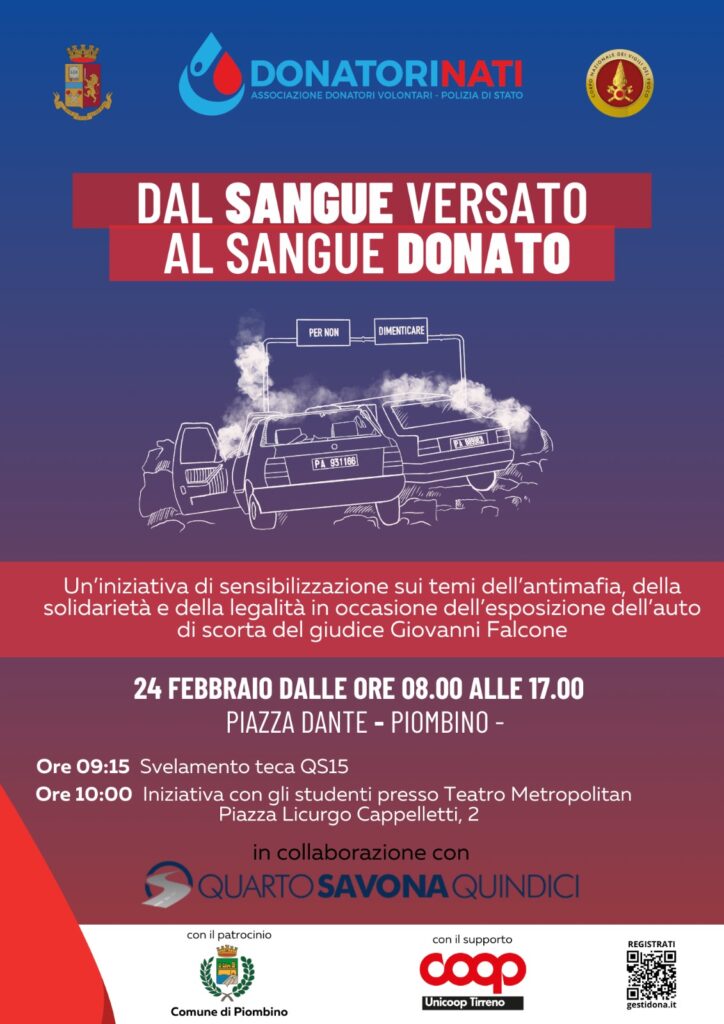 Dal Sangue Versato al Sangue Donato, l’auto QS15 della scorta del giudice Falcone fa tappa a Piombino
