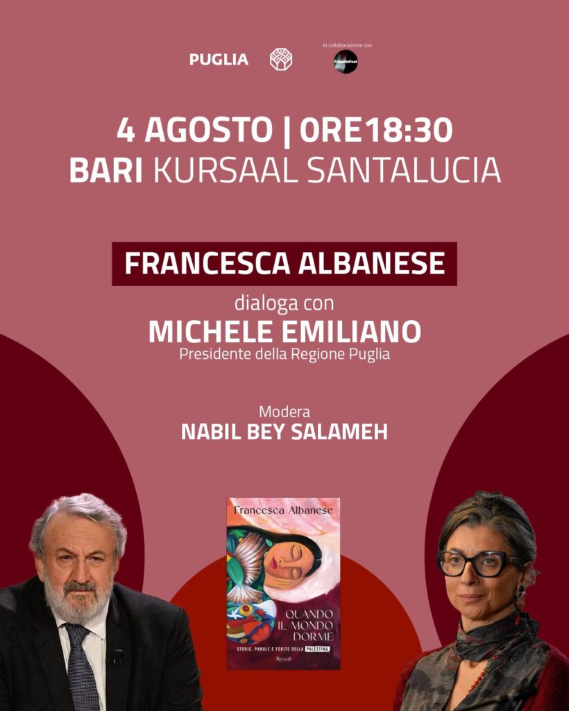 Agenzia regionale 985.25 _ Lunedì 4 agosto Emiliano in dialogo con Francesca Albanese al Kursaal di Bari
