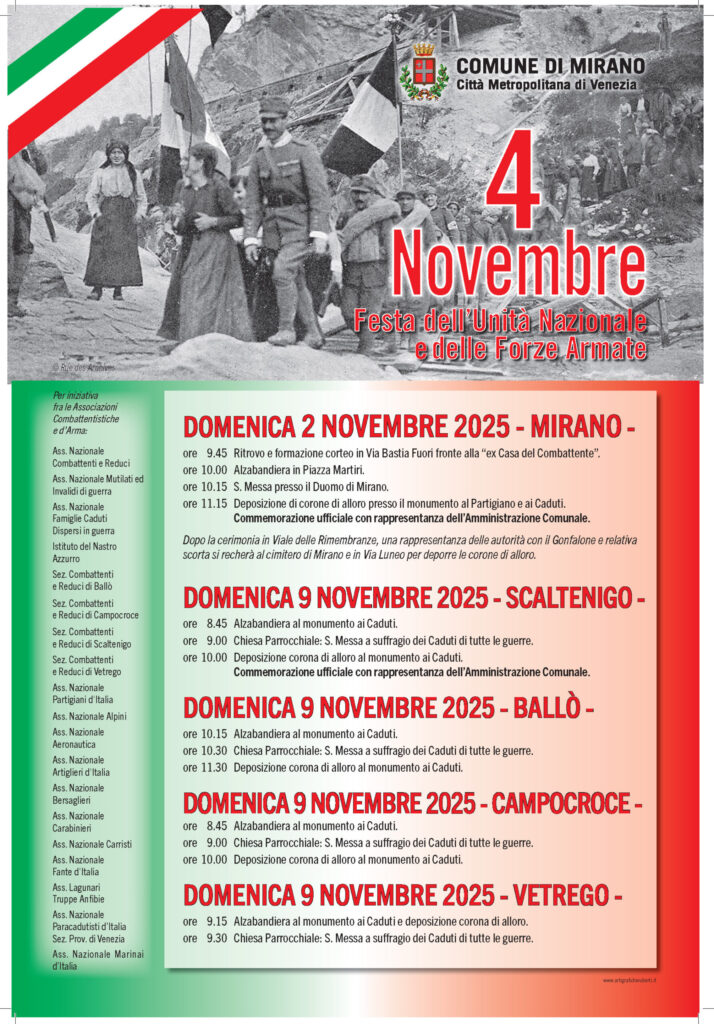 Cerimonie commemorative per il 4 novembre nel centro e nelle frazioni di Mirano (VE)