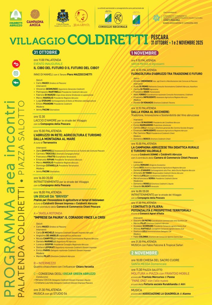 PESCARA, ARRIVA IL VILLAGGIO COLDIRETTI CON 50 AGRICOLTORI, LE “TECHE” DELLE ECCELLENZE E I LABORATORI PER BAMBINI