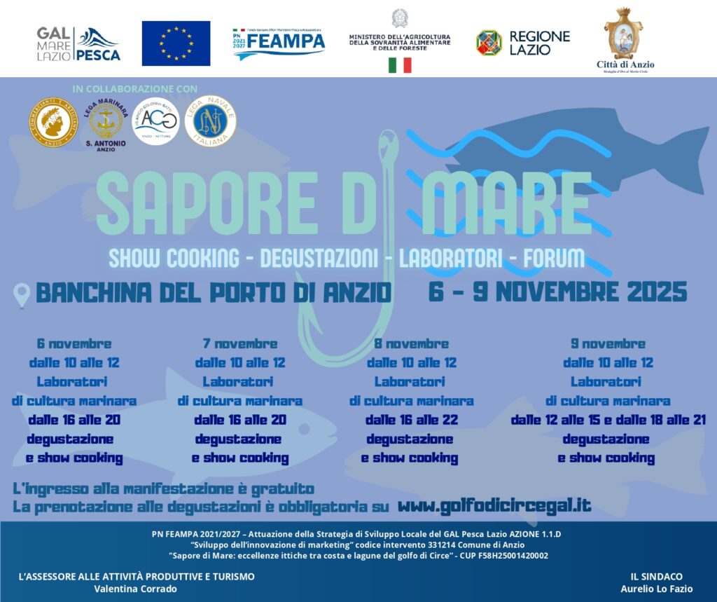 “Sapore di mare”: Anzio celebra   le sue tradizioni e i suoi sapori.  Dal 6 al 9 novembre tensostruttura al porto con incontri, formazione, show cooking e degustazioni
