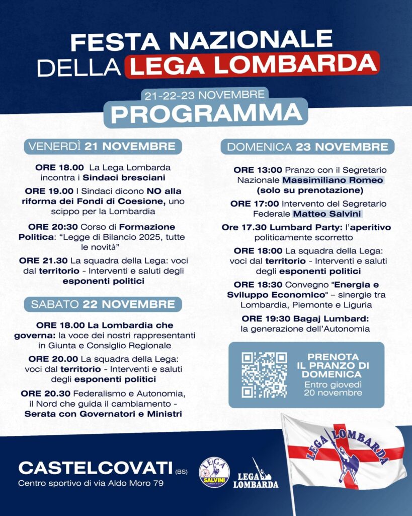 SEN. ROMEO: LA FESTA NAZIONALE DELLA LEGA LOMBARDA PER MANTENERE LA LOMBARDIA E IL NORD AL CENTRO DELL’AGENDA POLITICA