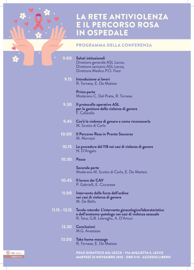 ASL Lecce: 25 novembre conferenza “La rete antiviolenza e il percorso rosa in Ospedale”