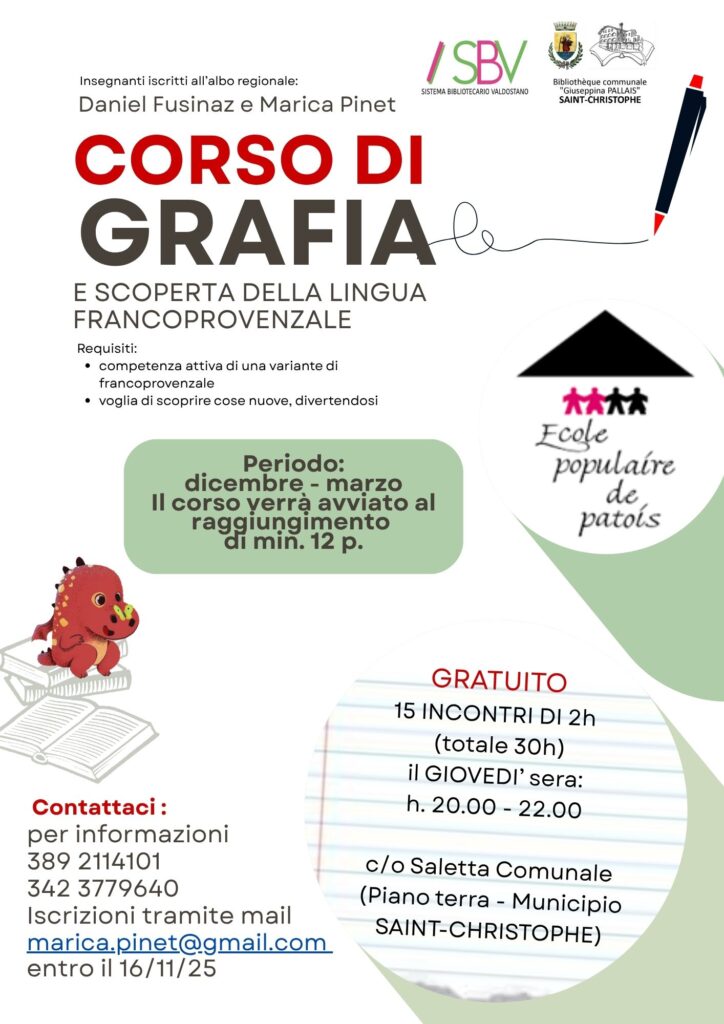 Richiesta pubblicazione – Biblioteca di Saint-Christophe – Eventi e proposte per il mese di novembre: corso di patois e presentazione libro