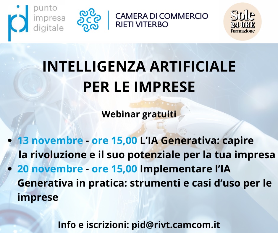Comunicato stampa Camera di Commercio di Rieti Viterbo – Intelligenza artificiale per le imprese Webinar gratuiti per far crescere le PMI