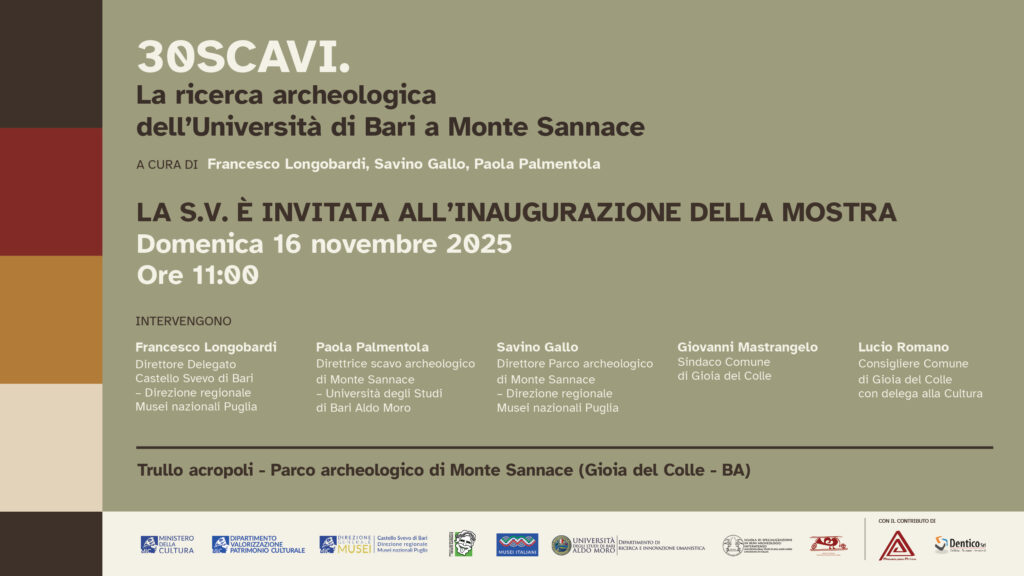 INVITO mostra “3OSCAVI. LA RICERCA ARCHEOLOGICA DELL’UNIVERSITÀ DI BARI A MONTE SANNACE” – Monte Sannace (Gioia del Colle-BA), 16 novembre 2025, ore 11:00