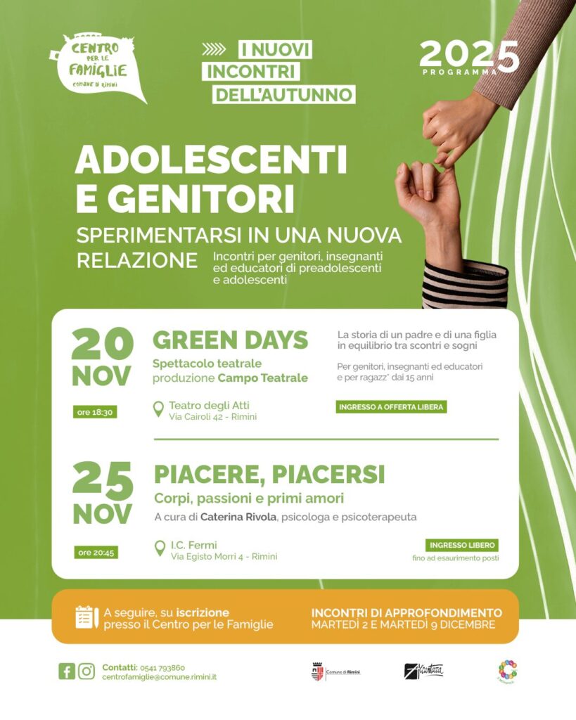 Adolescenti e genitori: prosegue il percorso del Centro per le Famiglie rivolto a genitori, insegnanti ed educatori. Uno spettacolo teatrale e una conferenza