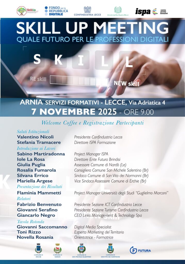 QUALE FUTURO PER LE PROFESSIONI DIGITALI: EVENTO FINALE DEL PROGETTO “SKILLUP” PER LO SVILUPPO DELLE DIGITAL SOFT SKILLS E DELL’OCCUPAZIONE IN PUGLIA – 7 novembre ore 9.00