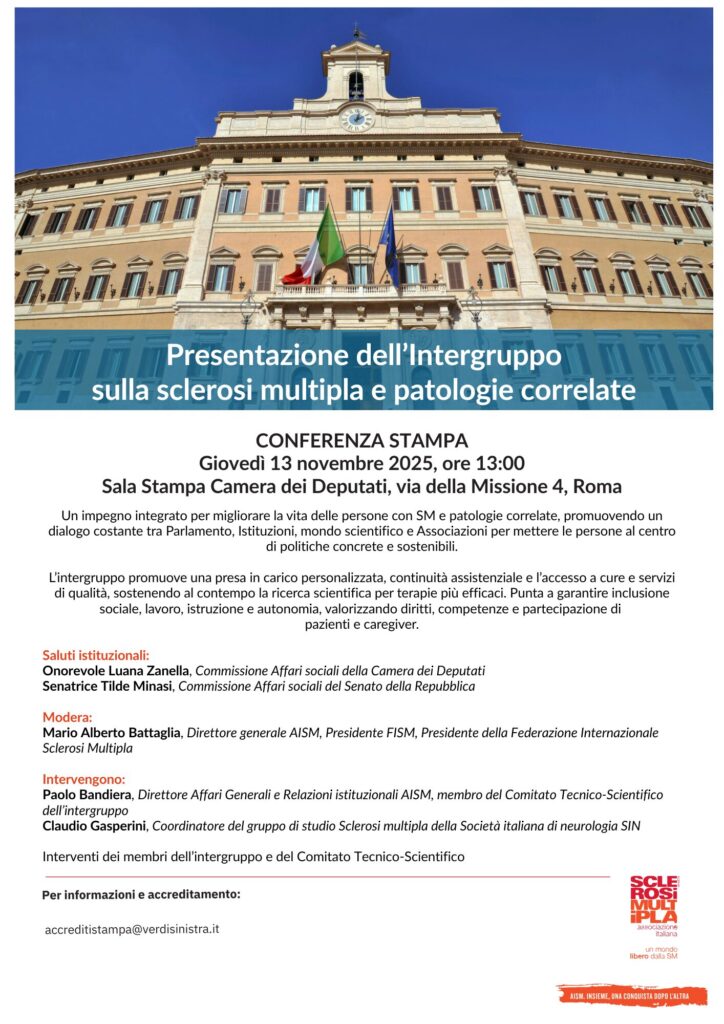 giovedì 13/11 ore 13. Sala Stampa Camera: Conferenza Stampa per la presentazione dell’intergruppo parlamentare sulla sclerosi multipla e patologie correlate