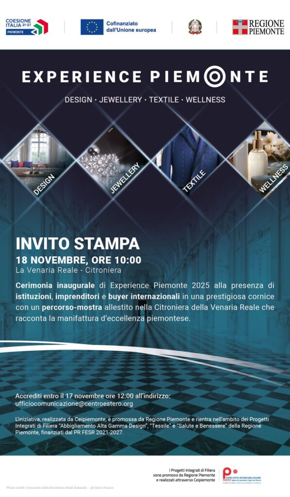 invito stampa – DOMANI ORE 10 REGGIA DI VENARIA INAUGURAZIONE DI EXPERIENCE PIEMONTE