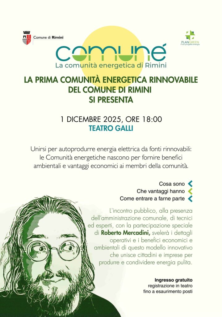 Costituita la prima Comunità Energetica Rinnovabile del Comune di Rimini: il 1° dicembre la presentazione al Teatro Galli con Roberto Mercadini. Aperte le preadesioni