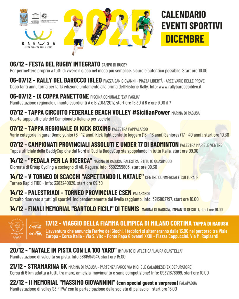 Cs. n.567 Il 2025 sportivo si chiude a Ragusa con un ricco Calendario di eventi + grafica