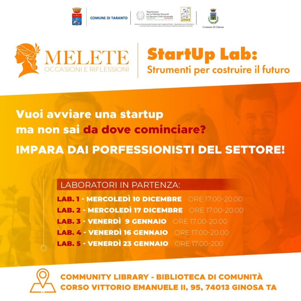 RECALL CS – Progetto Melete: a Ginosa (TA) via allo allo StartUp Lab per giovani imprenditori