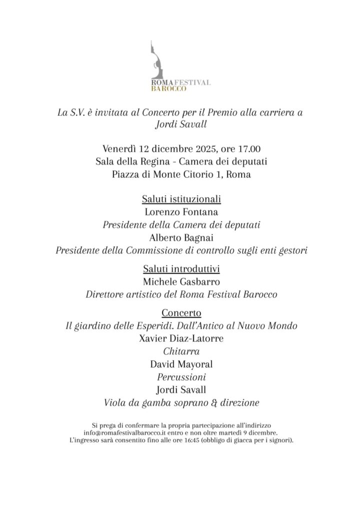 Concerto per il Premio alla carriera a Jordi Savall – Venerdì alle 17 diretta webtv – Saluto di Fontana