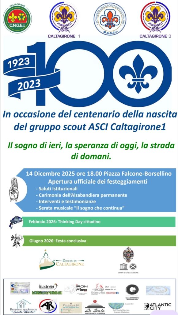 Com. Caltagirone celebra i 100 (+2) anni di scoutismo: domenica 14 dicembre, dalle 17 alle 22, in piazza Falcone Borsellino, l’evento di apertura dei festeggiamenti cittadini
